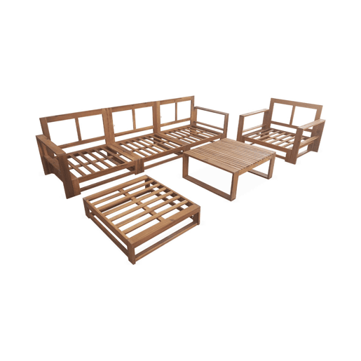 Conjunto de mobiliário de jardim com sofá e poltrona em madeira, 5 lugares, Mendoza, Madeira, 273x75x72.5 cm