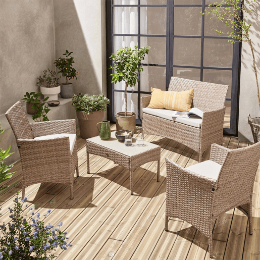 Conjunto de sofá de jardim em resina trançada, 4 lugares, Moltes, Natural, 104x59x85.5 cm