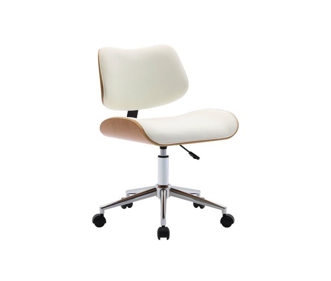 Silla de oficina con ruedas, madera curvada y acabado en polipiel, karen, blanco, 52x53x88 cm