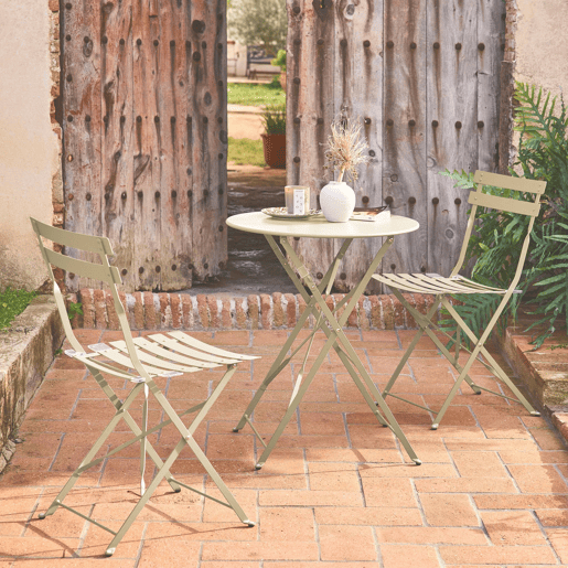 Mesa de jardim bistrô dobrável em metal, 2 cadeiras, Emilia, Beige, 60x60x71 cm