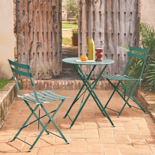 Mesa de jardim bistrô dobrável em metal, 2 cadeiras, Emilia, Azul esverdeado, 60x60x71 cm