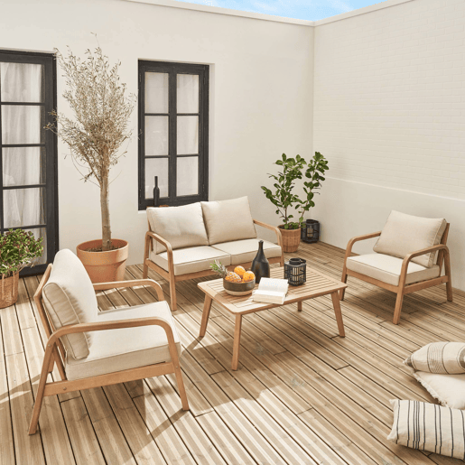 Mobiliário de jardim relax com sofá em madeira de acácia, Carnota, Beige, 120x83.5x72.5 cm