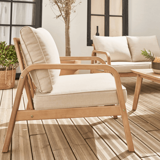 Mobiliário de jardim relax com sofá em madeira de acácia, Carnota, Beige, 120x83.5x72.5 cm