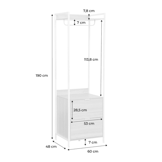 Módulo de roupeiro com 1 roupeiro, 2 gavetas e 1 prateleira, Clever, Branco, 60x48x190 cm