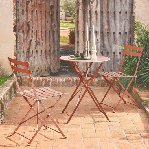Mesa de jardim bistrô dobrável em metal, 2 cadeiras, Emilia, Terracota, 60x60x71 cm