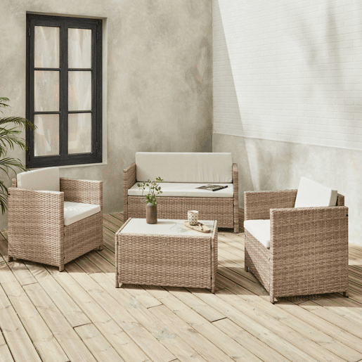 Conjunto de sofá de jardim de 4 lugares em resina tecida, Perugia, Natural, 118x65x69 cm