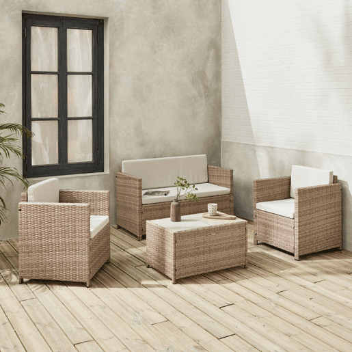 Conjunto de sofá de jardim de 4 lugares em resina tecida, Perugia, Natural, 118x65x69 cm