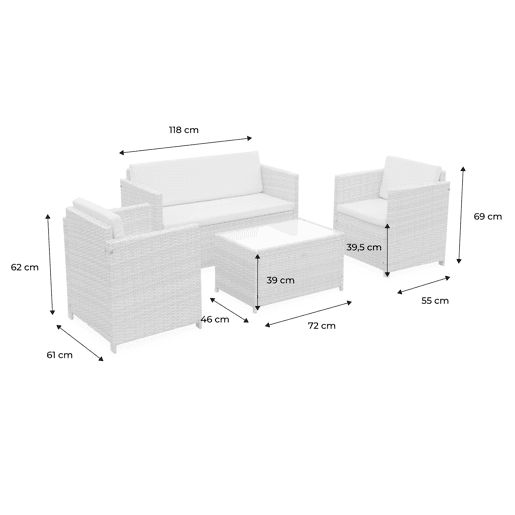 Conjunto de sofá de jardim de 4 lugares em resina tecida, Perugia, Natural, 118x65x69 cm