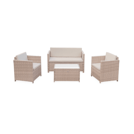 Conjunto de sofá de jardim de 4 lugares em resina tecida, Perugia, Natural, 118x65x69 cm