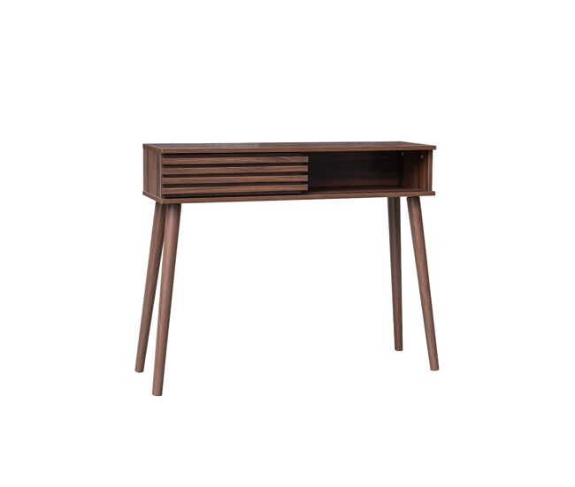 Consola escandinava efecto madera y puerta corredera, 100cm, madere, nogal, 29x100x81 cm
