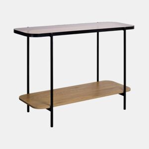 Consola vintage em metal preto com 2 tampos (decoração em vidro e madeira), cantos arredondados