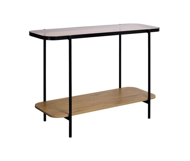 Consola vintage de metal negro con tapa de cristal y decoración de madera, 110cm natural - 110x39x76 cm