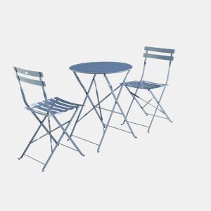 Mesa de jardim bistrô dobrável em metal, 2 cadeiras, Emilia, Azul cinza, 60x60x71 cm