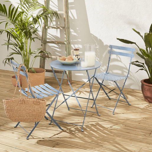 Mesa de jardim bistrô dobrável em metal, 2 cadeiras, Emilia, Azul cinza, 60x60x71 cm