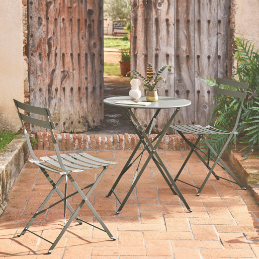 Mesa de jardim bistrô dobrável em metal, 2 cadeiras, Emilia, Verde caqui, 60x60x71 cm