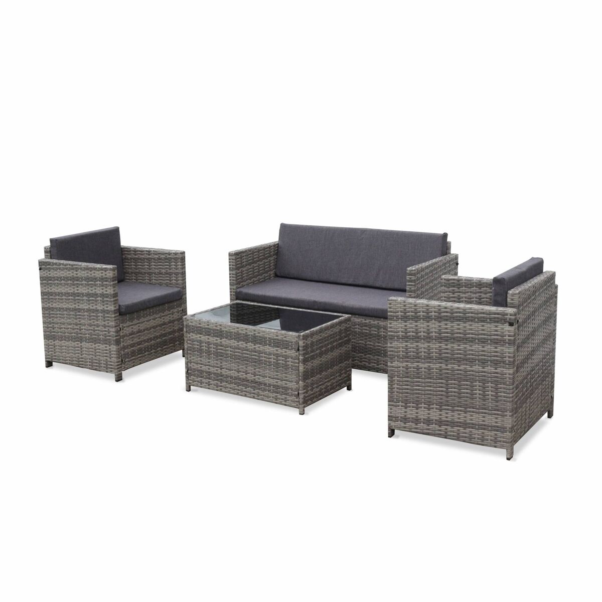 Conjunto de jardín de resina tejida, 4 plazas varios tonos de grises - 118x65x69 cm