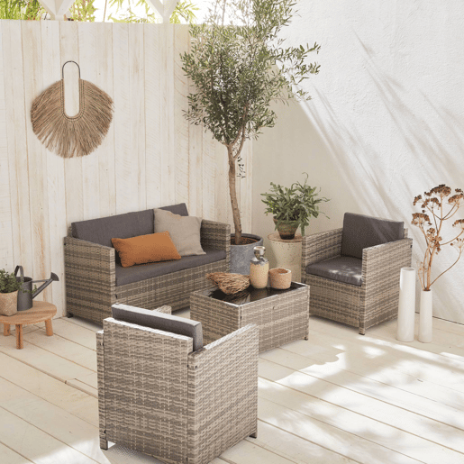 Conjunto de sofá de jardim de 4 lugares em resina tecida, Perugia, Tons de cinza, 118x65x69 cm