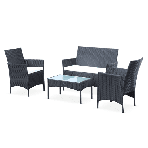 Conjunto de sofá de jardim em resina trançada, 4 lugares, Moltes, Preto, 104x59x85.5 cm