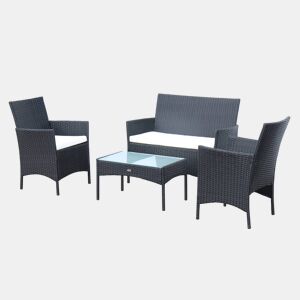 Conjunto de sofá de jardim em resina trançada, 4 lugares, Moltes, Preto, 104x59x85.5 cm