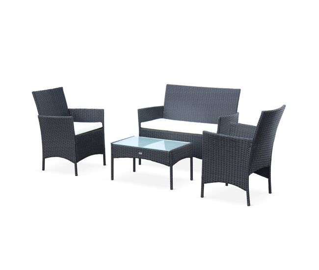 Conjunto de jardín de resina tejida, 4 plazas negro - 104x59x85.5 cm
