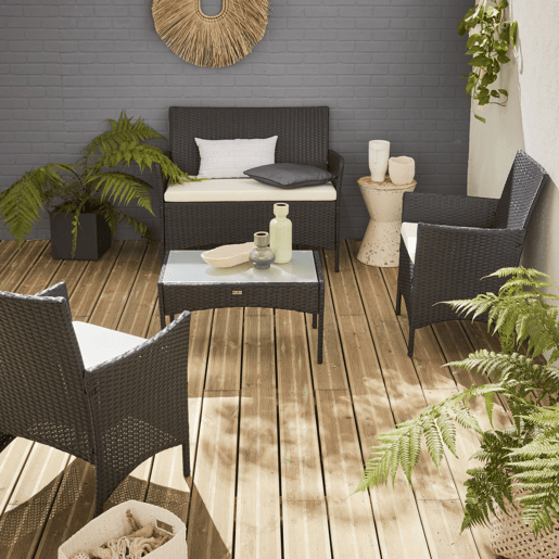 Conjunto de sofá de jardim em resina trançada, 4 lugares, Moltes, Preto, 104x59x85.5 cm