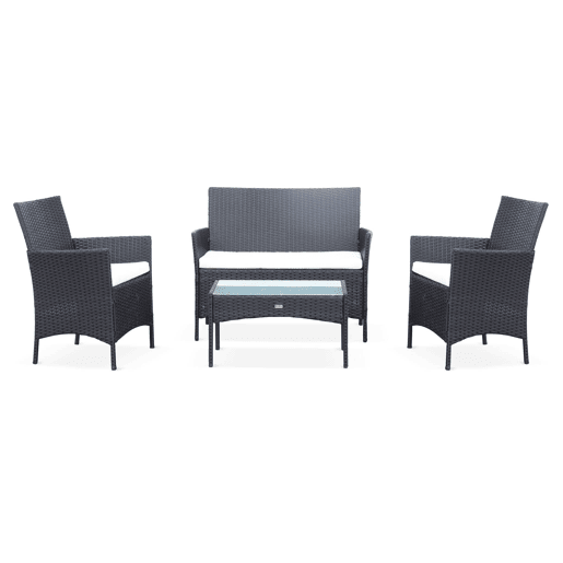 Conjunto de sofá de jardim em resina trançada, 4 lugares, Moltes, Preto, 104x59x85.5 cm