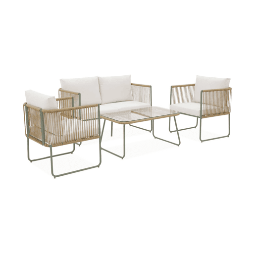 Conjunto de jardim com sofá em corda e aço galvanizado, 4 lugares, Cesena, Verde caqui, 115x60x68 cm
