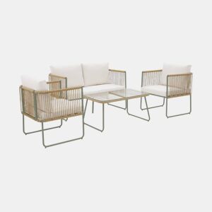 Conjunto de jardim com sofá em corda e aço galvanizado, 4 lugares, Cesena, Verde caqui, 115x60x68 cm