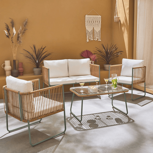 Conjunto de jardim com sofá em corda e aço galvanizado, 4 lugares, Cesena, Verde caqui, 115x60x68 cm