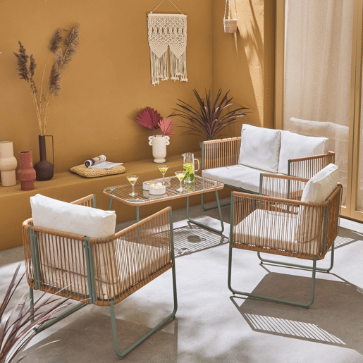 Conjunto de jardim com sofá em corda e aço galvanizado, 4 lugares, Cesena, Verde caqui, 115x60x68 cm