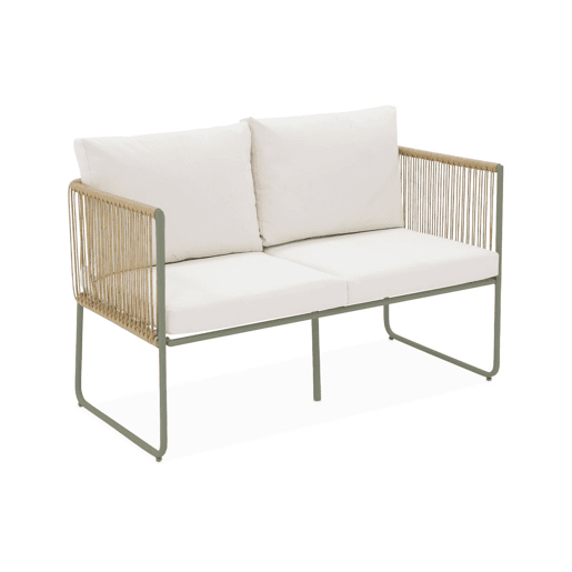Conjunto de jardim com sofá em corda e aço galvanizado, 4 lugares, Cesena, Verde caqui, 115x60x68 cm