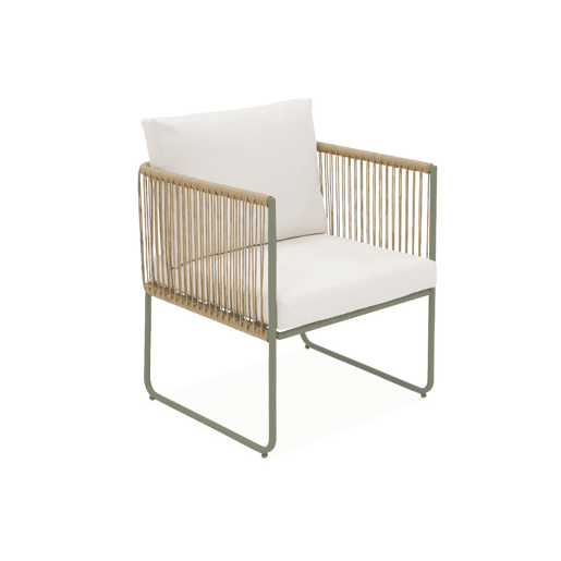 Conjunto de jardim com sofá em corda e aço galvanizado, 4 lugares, Cesena, Verde caqui, 115x60x68 cm