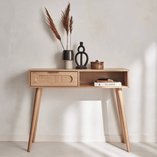 Consola escandinava com efeito madeira e cana, 100cm, Eva, Natural, 100x29x81 cm