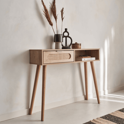 Consola escandinava com efeito madeira e cana, 100cm, Eva, Natural, 100x29x81 cm
