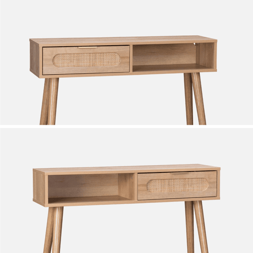 Consola escandinava com efeito madeira e cana, 100cm, Eva, Natural, 100x29x81 cm