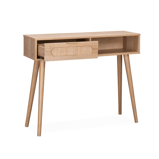 Consola escandinava com efeito madeira e cana, 100cm, Eva, Natural, 100x29x81 cm