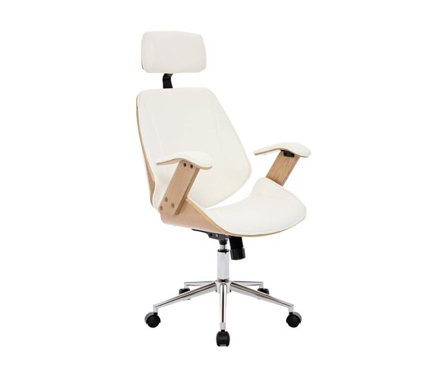 Silla de oficina con ruedas, madera curvada y acabado en polipiel, michael, blanco, 62x67x130 cm
