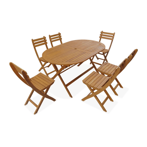 Mesa de jardim oval dobrável em madeira, 6 cadeiras, Macapa, Madeira, 150x90x74 cm