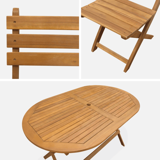 Mesa de jardim oval dobrável em madeira, 6 cadeiras, Macapa, Madeira, 150x90x74 cm