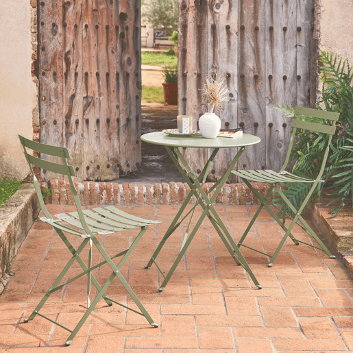Mesa de jardim bistrô dobrável em metal, 2 cadeiras, Emilia, Verde cinzento, 60x60x71 cm