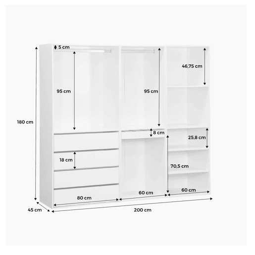 Kit de roupeiro modular com 3 elementos, Modulo, Branco, 200x45x180 cm
