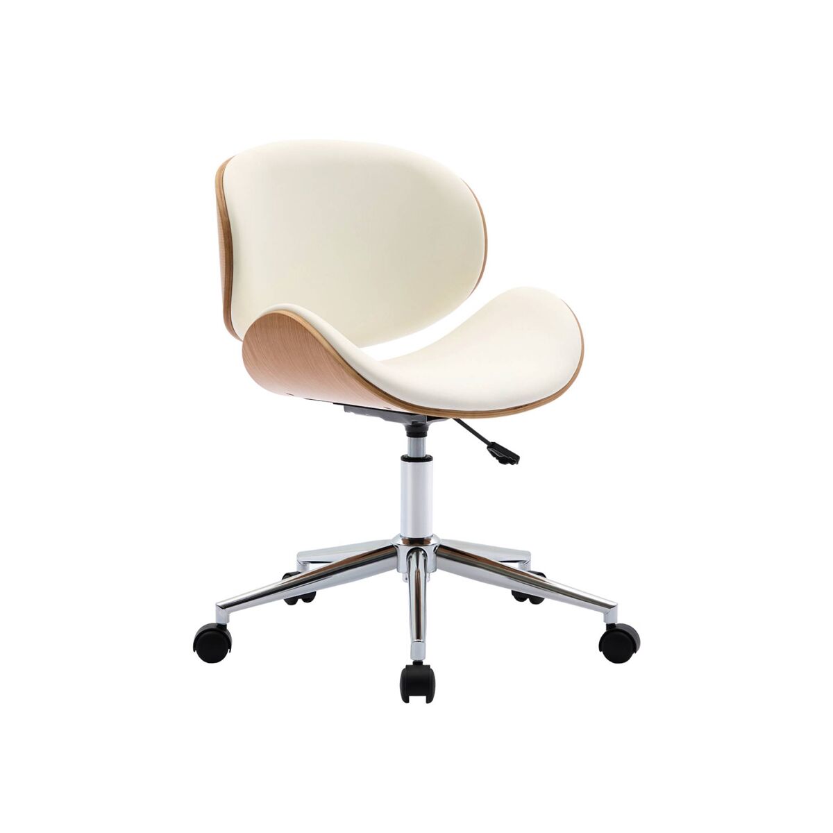 Silla de oficina con ruedas, madera curvada y acabado en polipiel, dwight, blanco, 51x53x87 cm