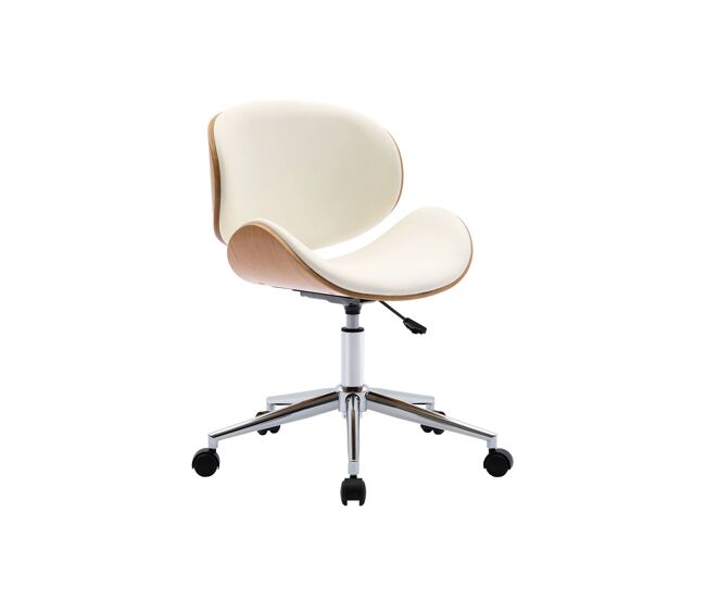 Silla de oficina con ruedas, madera curvada y acabado en polipiel, dwight, blanco, 51x53x87 cm