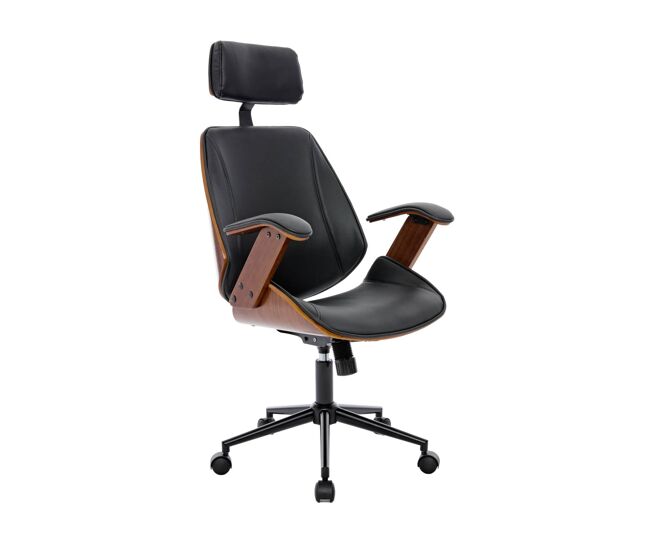 Silla de oficina con ruedas, madera curvada y acabado en polipiel negro - 62x67x130 cm