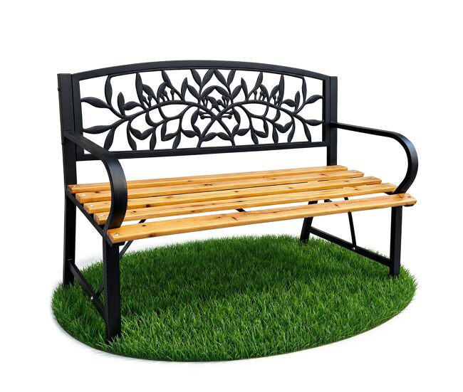 Banco de jardín reo negro con madera lacada y patas de acero de 118 cm de ancho