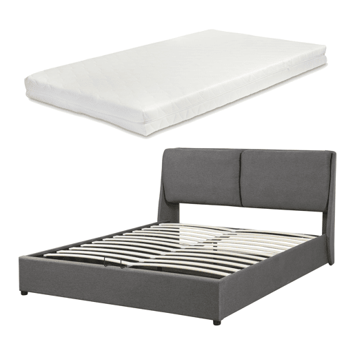 Cama de casal Lunner estrado rebatível + colchão 140x200cm - Cinzento escuro en.casa