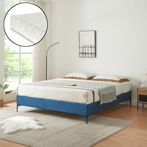 Cama de casal Lilla com colchão 180x200 cm Veludo - Azul en.casa Cama de casal Lilla com colchão 180x200 cm Veludo - Azul en.casa