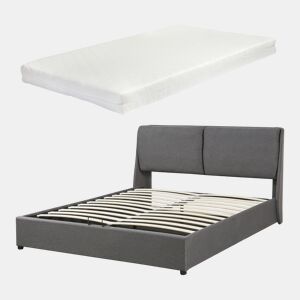 Cama de casal Lunner estrado rebatível + colchão 160x200cm - Cinzento escuro en.casa