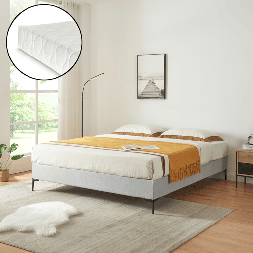 Cama de casal Lilla com colchão 140x200 cm Têxtil - Cinzento claro en.casa