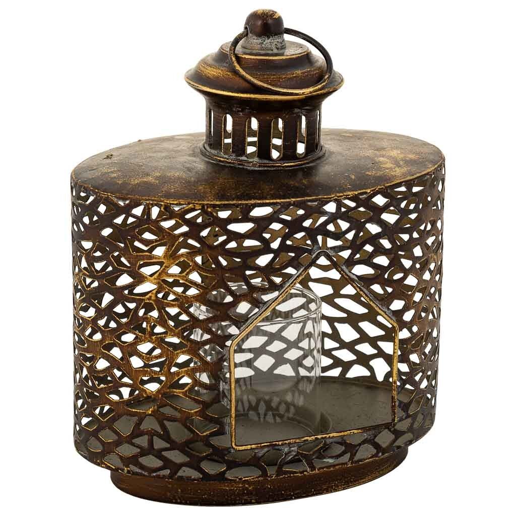 Portavelas de metal en tono marrón, con dimensiones de 21.5x13.5x26h cm